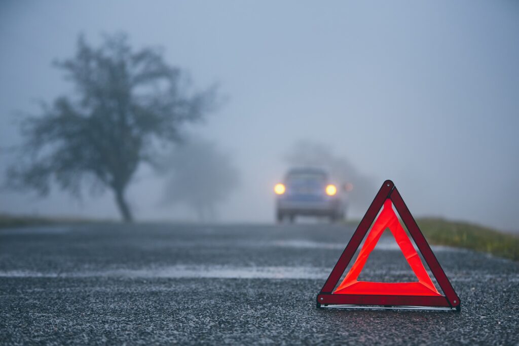 samochód, droga, mgła, drzewa przy drodze, trójkąt ostrzegawczy